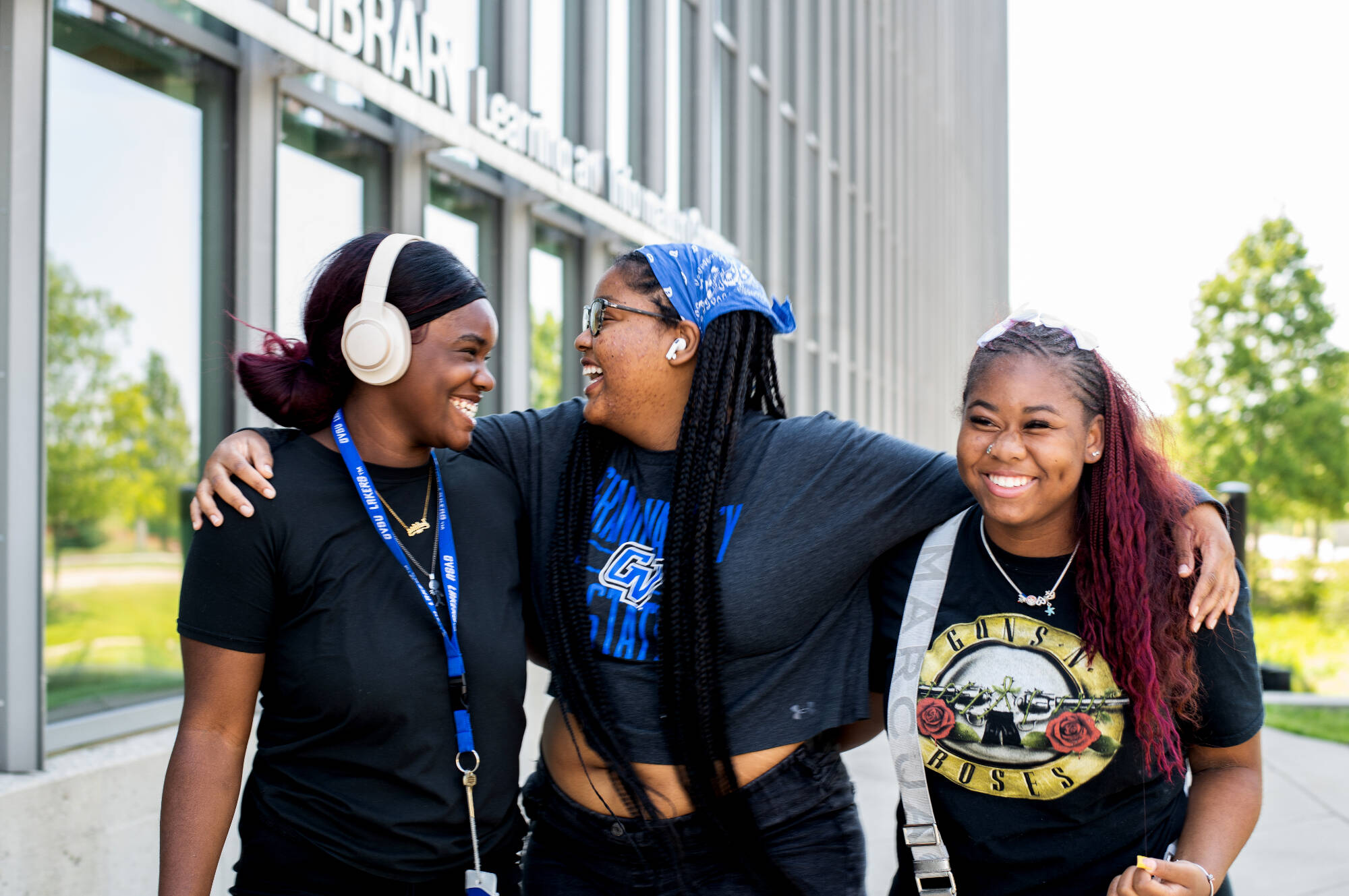 First-year students, from left, communications major Jakhia Johnson, fine arts major Ka’Maria Nathan, and art education major J’Nya Brown taught together as they left their Navigating College Success class held at the Mary Idema Pew Library July 2....